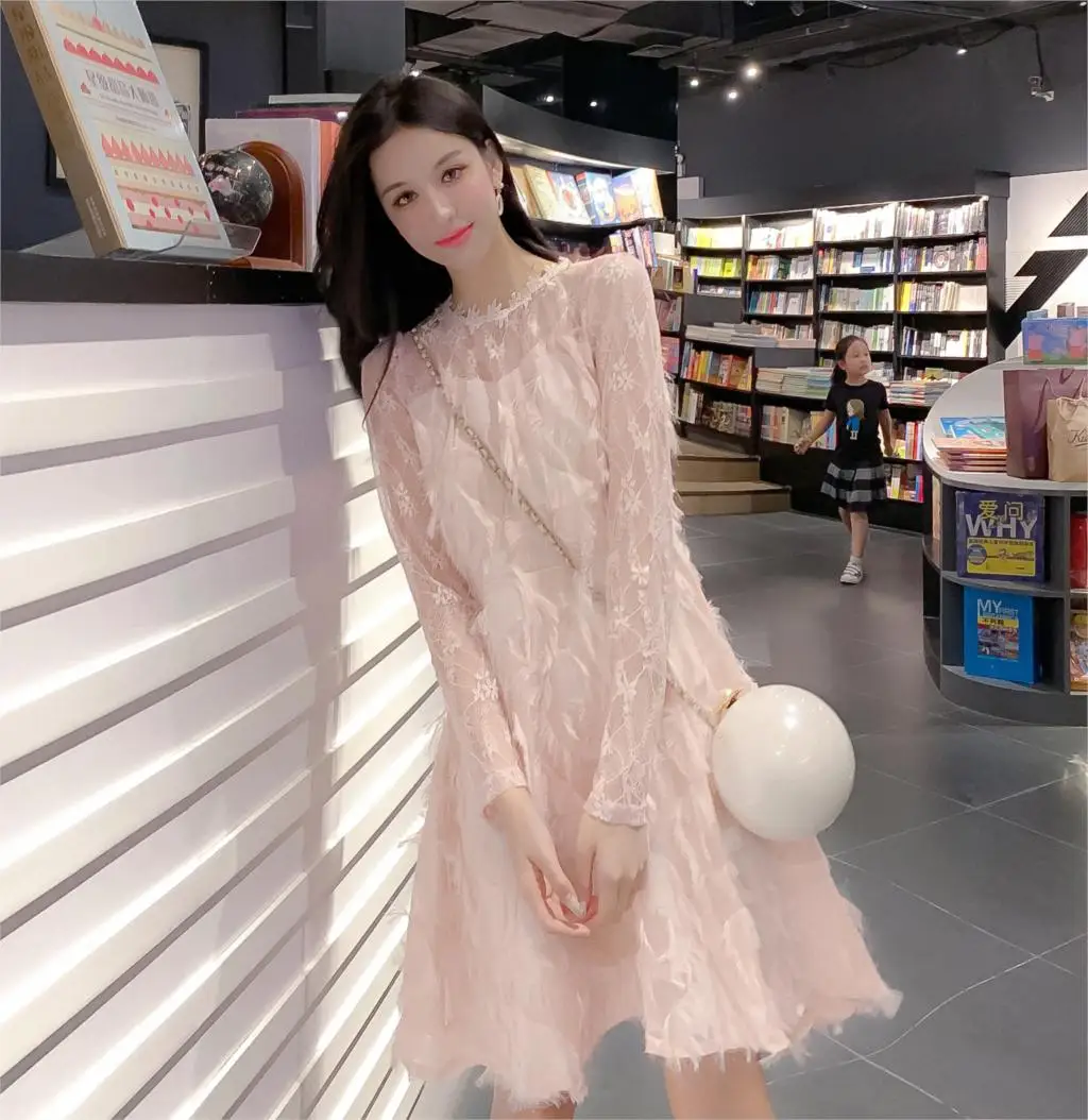 Осень зима 2020 Новое поступление Корейская версия средней длины кружевное платье