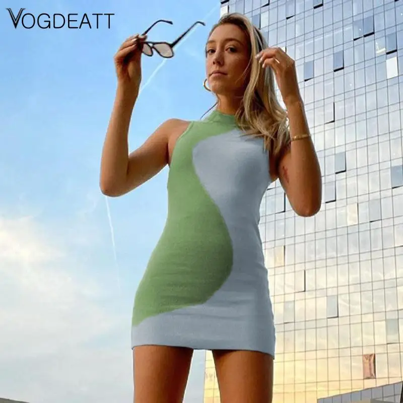 

New Two Color Stitched Sleeveless Crew Neck Mini Dress Sexy Slim Fit Wrap Hip Waist Women's Daily Commuting Club Party Dress