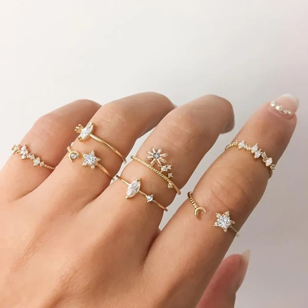 

Bohemian Geometric Clear Crystal Stone rings for girls Round Wave Knuckle Joint Ring Set For Women Finger anel 2020 New jewelry