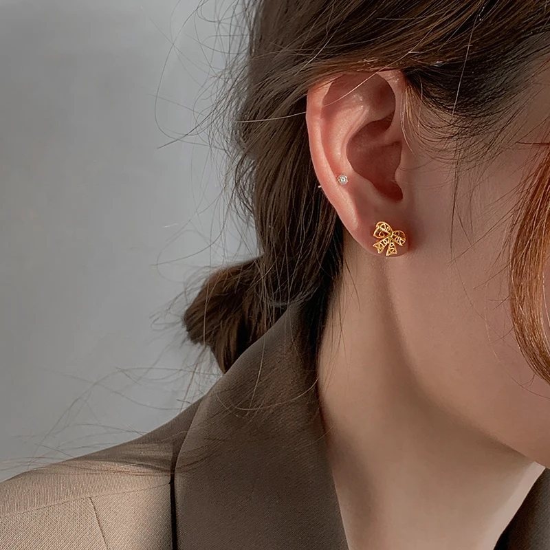 

New Dainty Hollow Bow Creative Gold Color 925 Sterling Silver Stud Earrings For Women Korean Trendy Luxury Aesthetic Jewelry