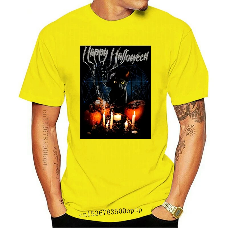 

New Happy Halloween Black Cat In Pumpkin Patch Lit Candles T-Shirt