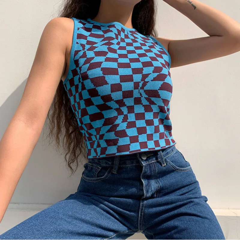 

Women's Y2K Knitted Tank Tops Plaid Printed Harajuku Crop Top Women Basic O Neck Vest Tee Streetwear Aesthetic Cute Shirts 2021