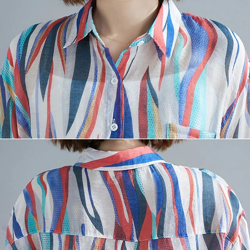 

Oversized Women Cotton Linen Casual Shirts New 2021 Summer Simple Style Vintage Striped Loose Female Long Sleeve Tops S3299