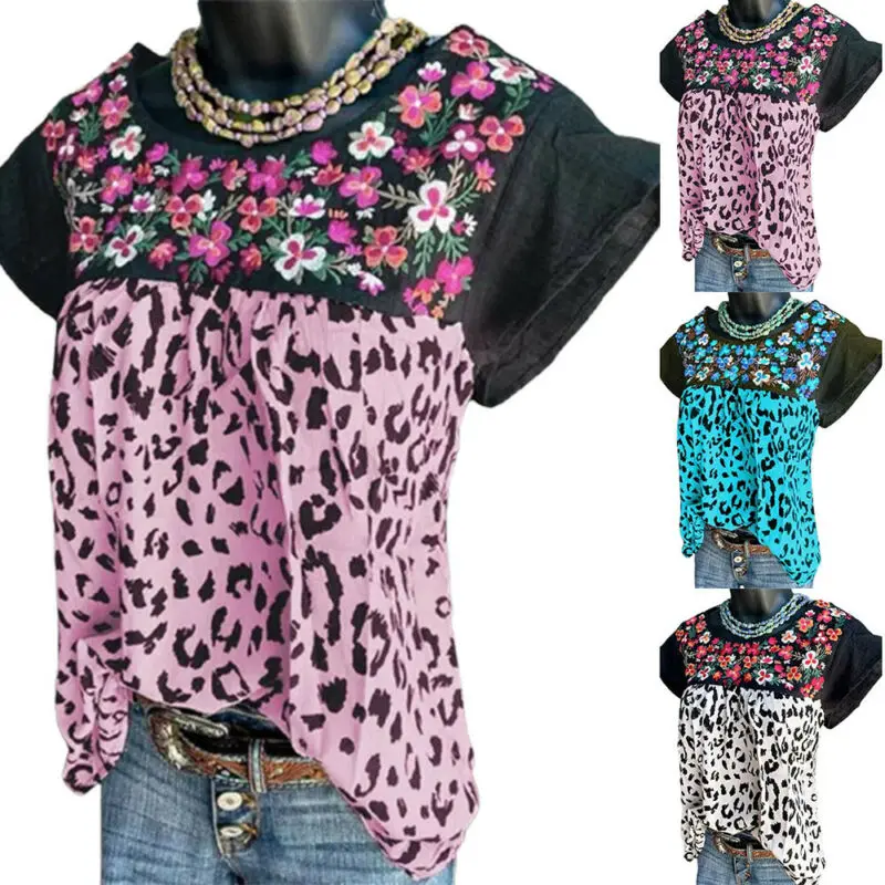 

Summer Women's Casual Short Sleeve T Shirt Floral Top Loose Blouse Loose Tunic