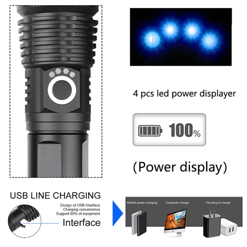 USB Перезаряжаемый фонарик супер яркий XHP50 гибкий расширяемый телескопический зум