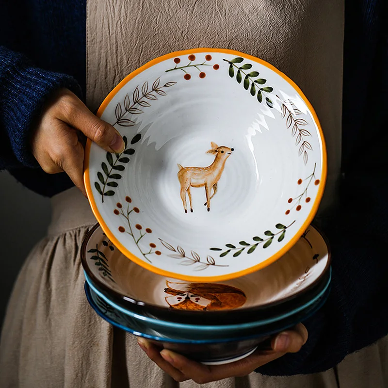 Керамическая миска большая для лапши Ramen с растительным дизайном животных