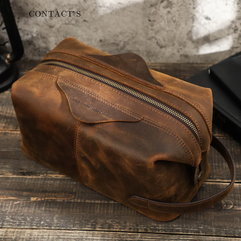 

Portable Men Clutch bag Cosmetic Bag Crazy Horse Leather Travel Makeup Case Zipper Organizer Storage Pouch Vintage Toiletry Bags