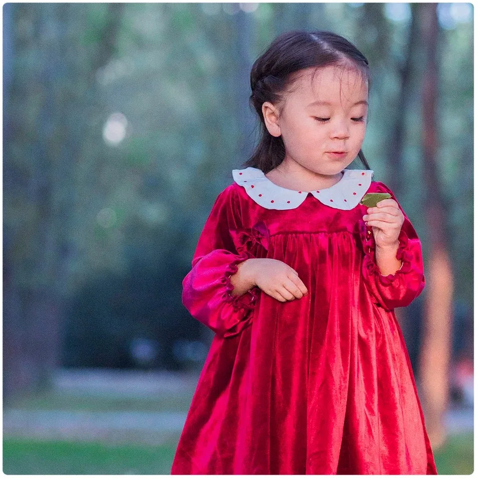 Для маленьких девочек осень-зима весенние цвет вина красный бархат с длинным