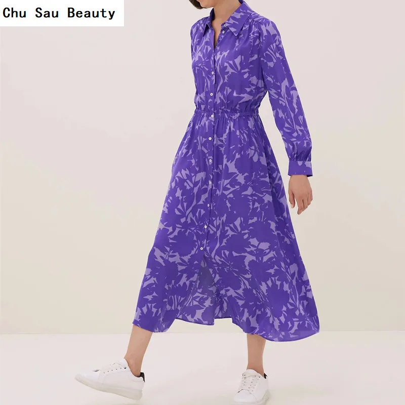 

New ZA Women's French Ancient Maple Leaf Purple Print Lapel Elastic Waist Long Sleeves With Spring/Autumn Single-Breasted Skirts