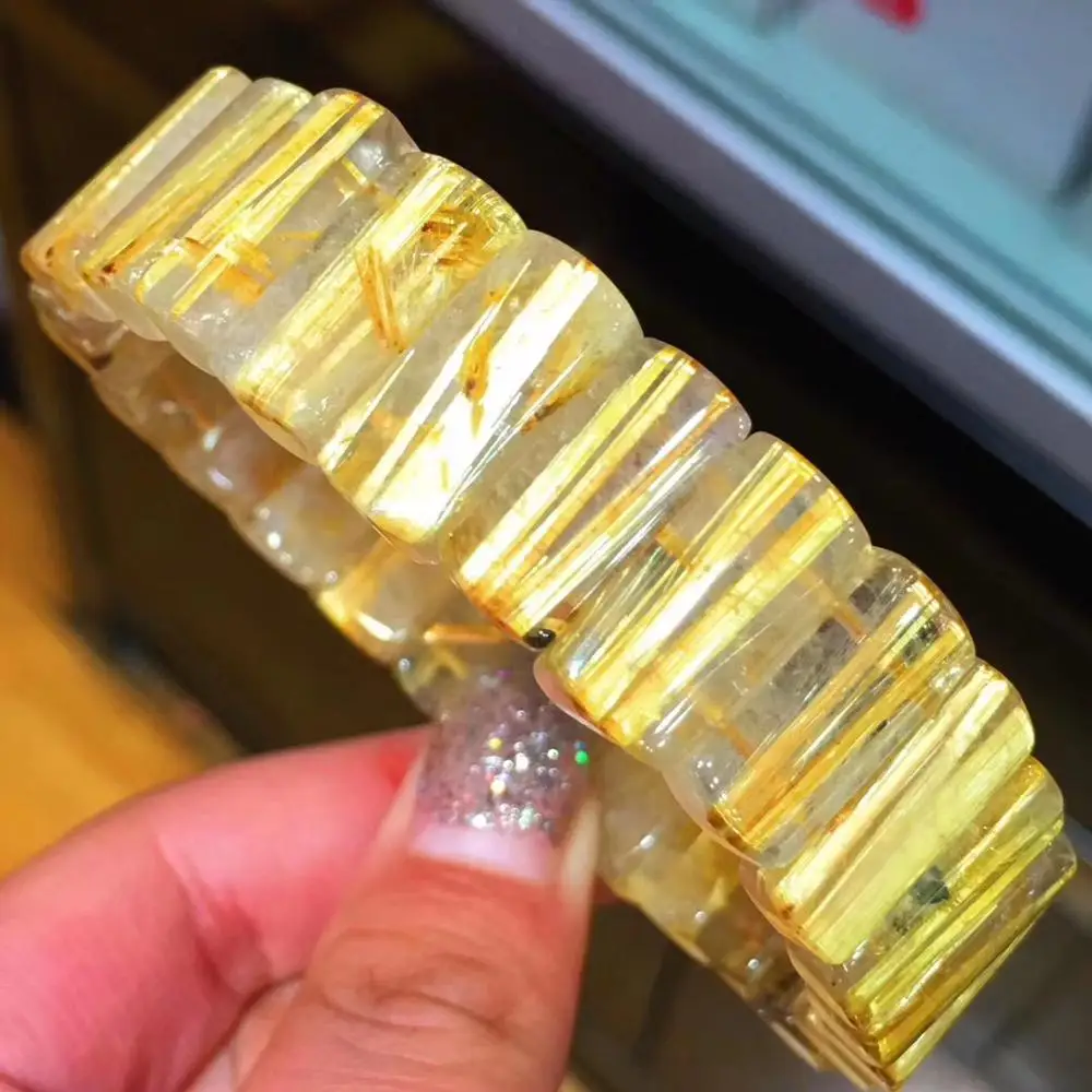 

Natural Gold Rutilated Quartz Bangle Bracelet For Women Lady Men Crystal 16x8mm Rectangle Beads Wealthy Stone Fine Jewelry AAAAA