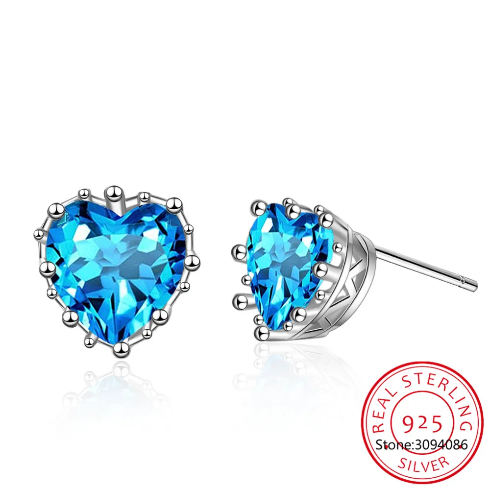 

925 Sterling Silver Blue Heart Stud Earrings for Women Fine Jewelry Shining Blue Stone Love Ear Studs Wedding Luxury Gift BSE655