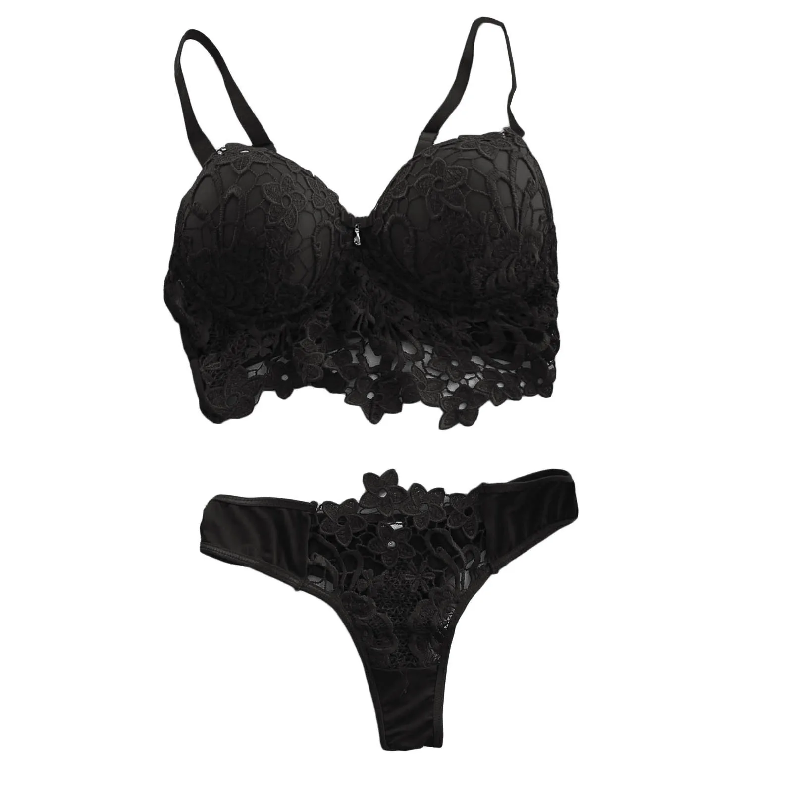 

Women Brief Sets Embroidery Lace Collar Wireless Bra Sexy Lingerie Thong Set Underwear