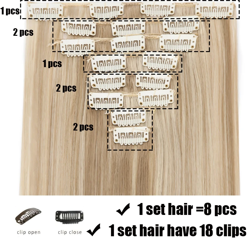 S-noilite 8pcs Clips In Hair Extensions Long Straight Synthetic Clip Extension Natural Hairpieces Fake For Women | Шиньоны и парики