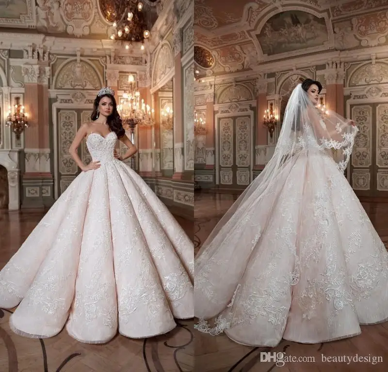 

2019 Blush Pink Queen Wedding Dresses Sweetheart Hard Satin Floor Length Lace Ball Gown Custom Made Bridal Gowns