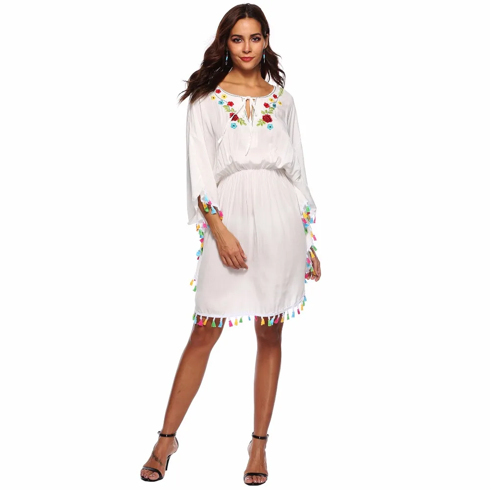 Белая хлопковая туника Пляжное Платье на шнуровке рукав летучая мышь высокая