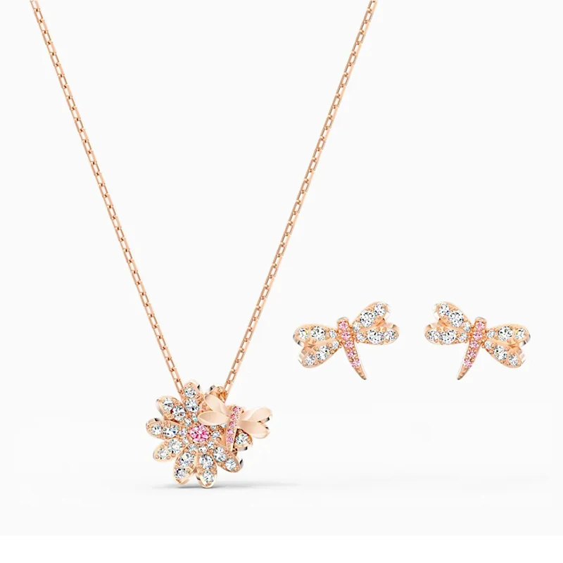 

Fashion High Quality SWA Earrings Necklace ETERNAL FLOWER DRAGONFLY Set Dragonfly Daisy Ladies Jewelry Gift Free Shipping