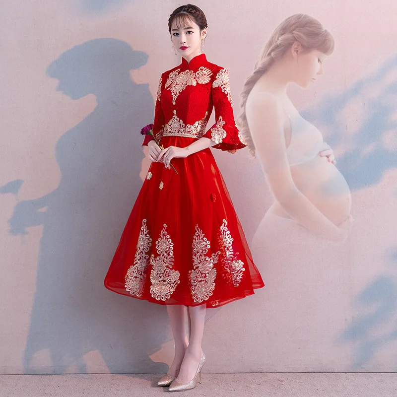 Китайское традиционное длинное платье невесты для свадьбы беременных женщин