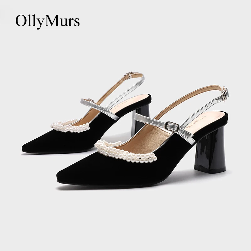 

sandalias mujer 2021 Summer Velvet Shoes Women Pointed Toe Sandals Polka Dot Pearl Med Heels Sandal Peep Toe chaussures femme
