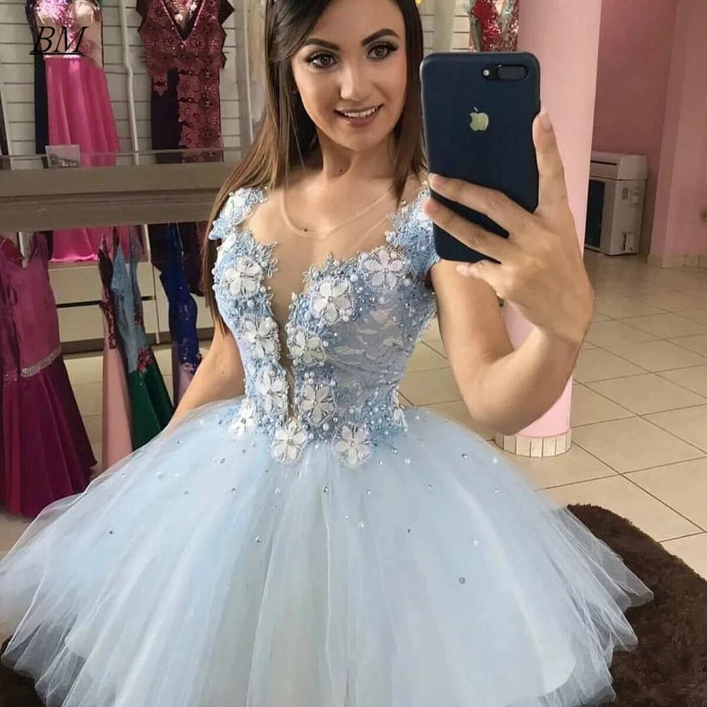 

Sexy Light Blue Short Homecoming Dresses Elegant Beaded Pearls Appliques Formal Prom Mini Party Graudation Cocktail Gown BM754