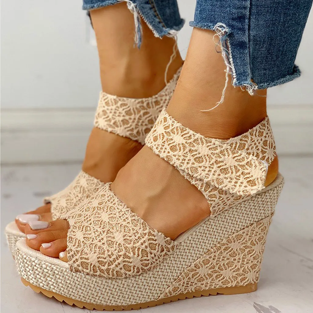 2020 fashion INS Hot Lace Leisure Women Wedges Heeled Shoes Summer Sandals Party Platform High Heels Woman | Обувь