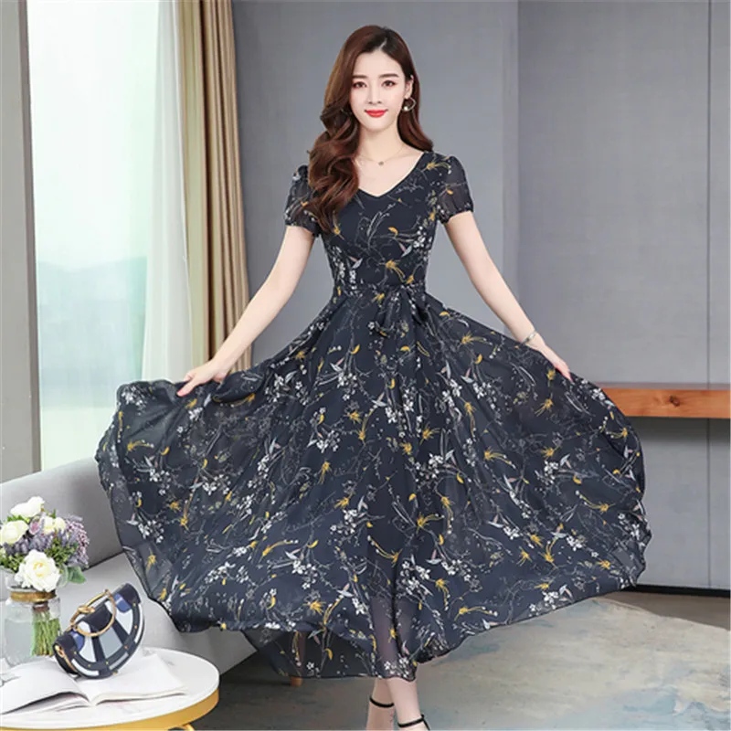 Женское шифоновое платье с коротким рукавом длинное пляжное круглым вырезом и