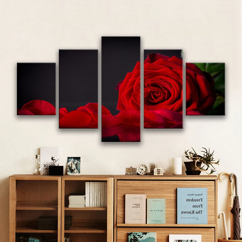 

Canvas HD Prints Pictures Wall Art 5 Pieces Red Rose Flower Paintings Modular Petal Posters Home Decor For Living Room Framework