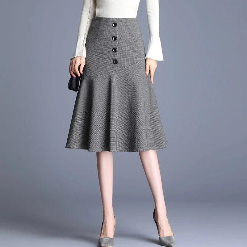 

Женская винтажная юбка-годе, черная облегающая юбка с высокой талией, пуговицами и оборками, 4xl, Осень-зима