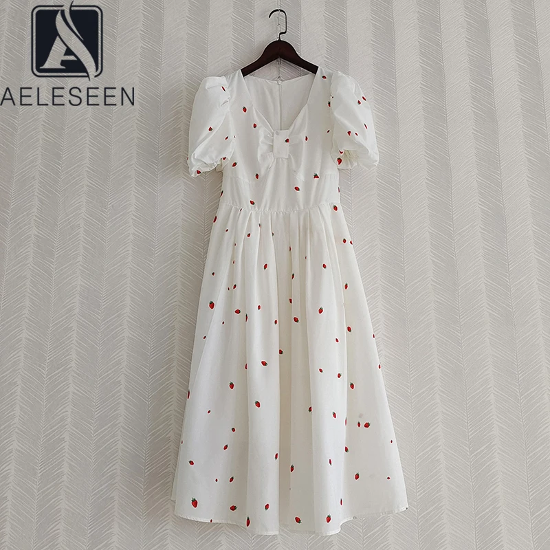 

AELESEEN Runway Fashion White Summer Dress Women V-Neck Puff Sleeve Bow Strawberry Print Ladies Sweety Party Long Dress