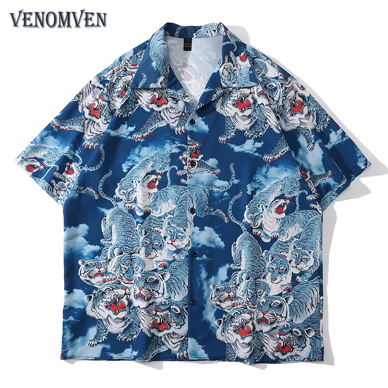 

Tiger print beach Hawaiian shirt men's oversized camisa masculina holiday vacation Y2K streetwear Vintage fashion casual women's