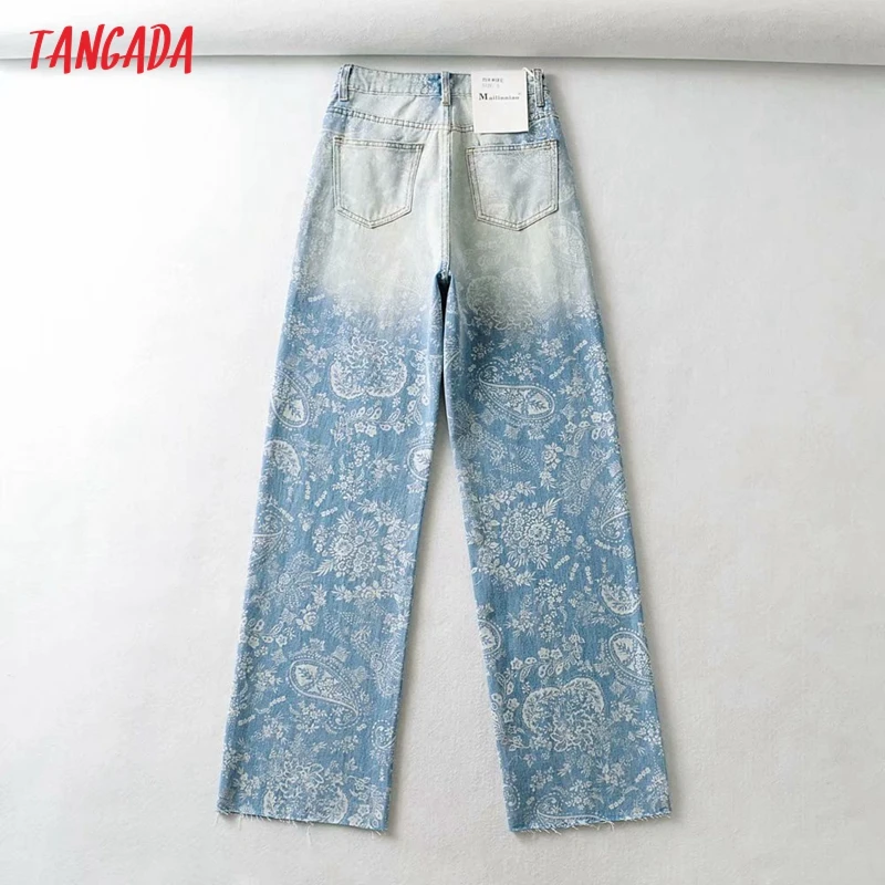 

Tangada 2021 Fashion Women Flowers Print Jeans Pants Trousers Pockets Buttons Female Denim Pants NA21