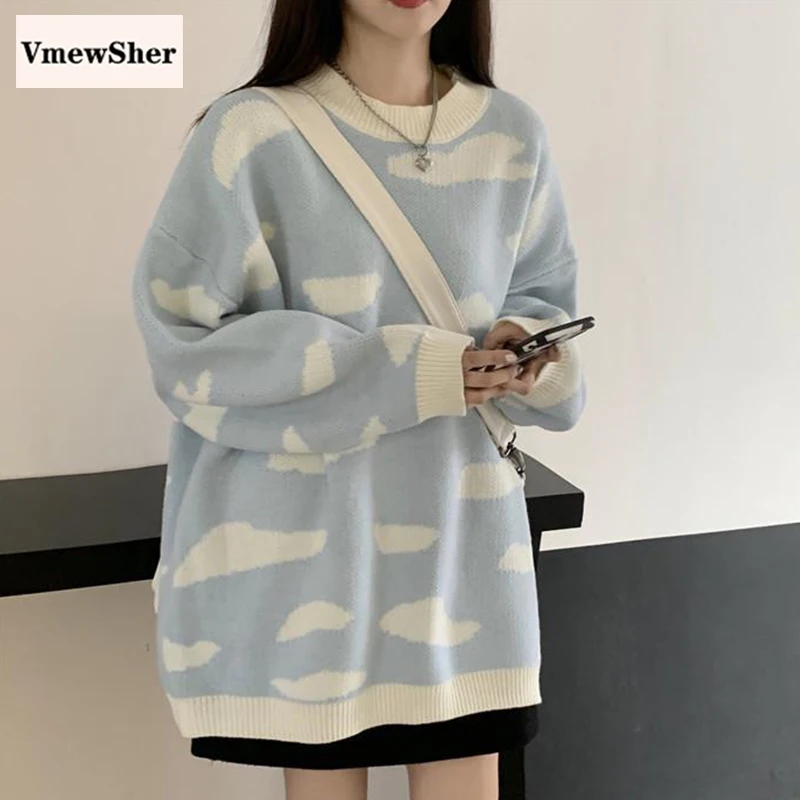 

VmewSher New Autumn Winter Women Sweater Cloud Pattern Knit Top Long Sleeve O-Neck Fashion New Loose Lady Elegant Knitwear