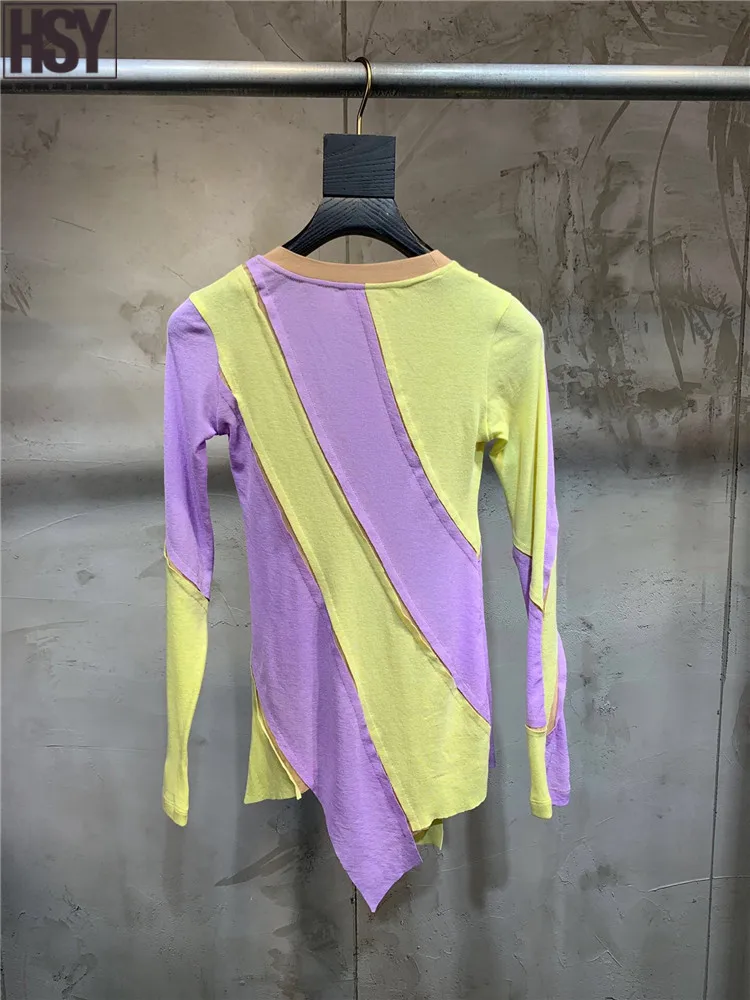 【HSY】2019 Autumn Winter New Women Elegance Top Irregularly Tailored Color Matching Long Sleeve O-neck T-shirt |
