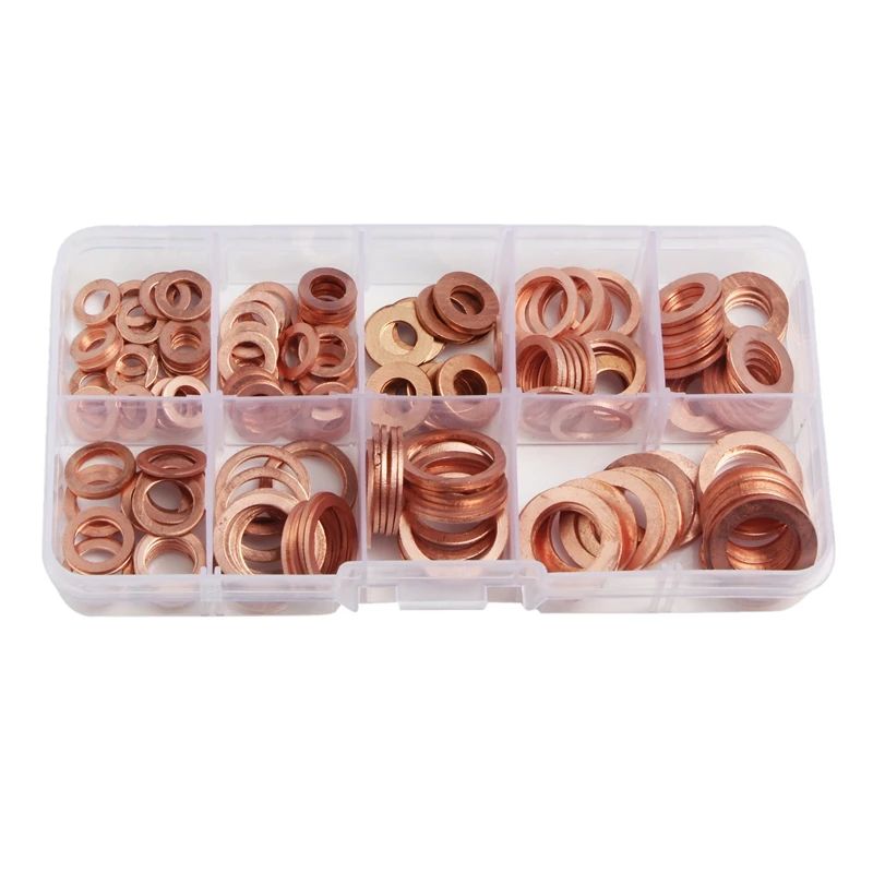 200Pcs 9 Sizes Copper Washers Assorted Solid Gasket Sealing Ring Set Hardware Kit M5/6/8/10/12/14 with Plastic Ca |
