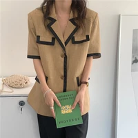 vintage french loose khaki casual v neck single breasted short sleeved blazer hot 2021 fashion korean gentle solid color blazer