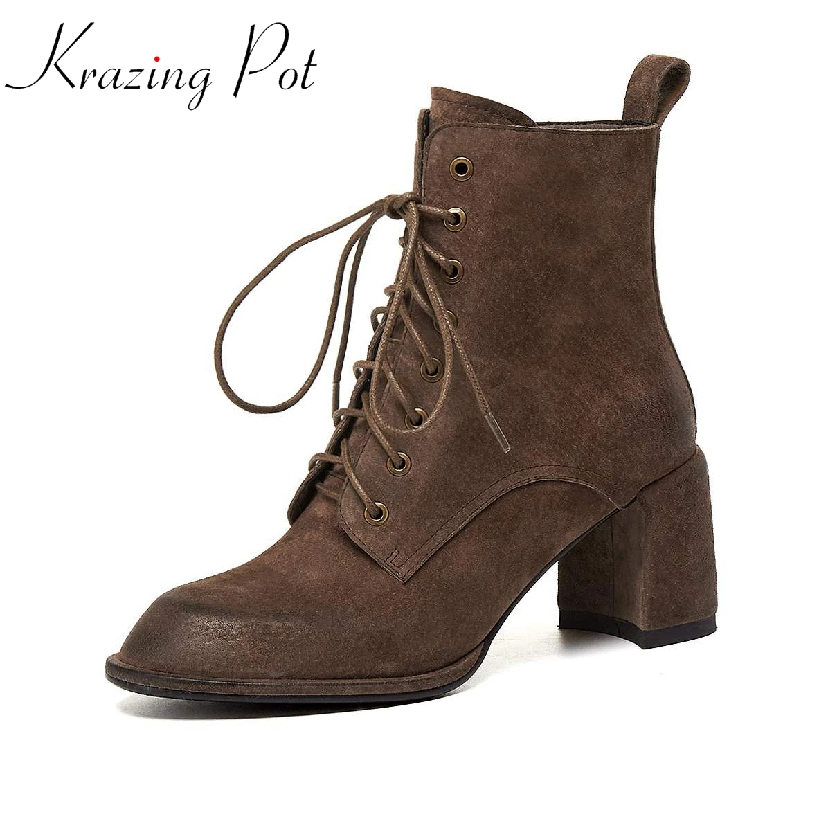 Online Pakaian Dasar Kulit Babi Panci Krazing Sepatu Boots Chelsea Sepatu Bot Pergelangan Kaki Berenda Ketat Ujung Bulat Sepatu Paku Keling Tetap Musim Dingin