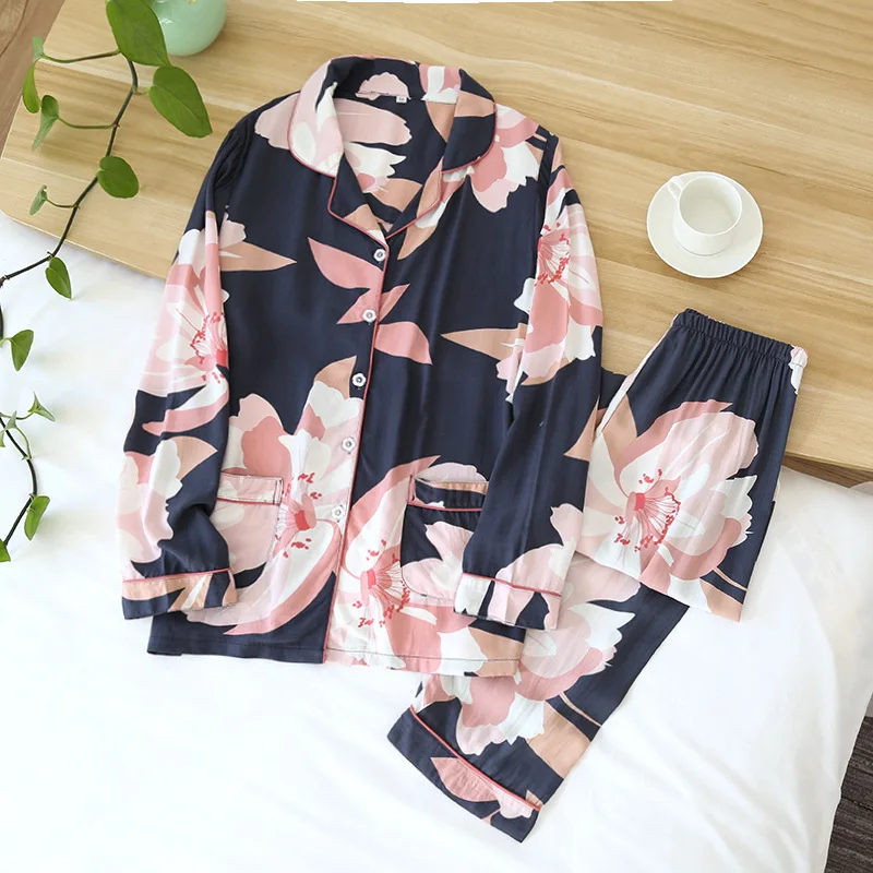 

Spring / Summer 2020 new 100% viscose long-sleeved trousers ladies pajamas suit simple style long pajamas women's home service