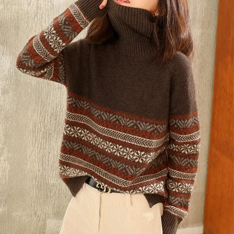 

Zoulv Winter New Retro Cashmere Sweater Women Turtleneck Sweater Warm and Thin Color Matching Loose Wool Sweater Base Sweater