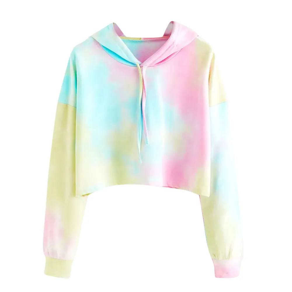 

Vintage Women Tie Dye Printed Hoodies Colorful Patchwork Long Sleeve Sweatshirt Fashion Fresh Pullover Short Tops Moletom
