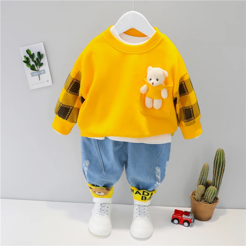 

Baby Girls Boys Clothing Sets Autumn Children Cartoon Bear Top+Jeans Toddler Infant Cute puppet top + jeans two-piece suit