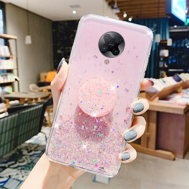 bling glitter silver foil phone holder case for xiaomi mi poco x3 nfc m3 f2 pro x2 redmi k30 k20 pro core silicone cover free global shipping