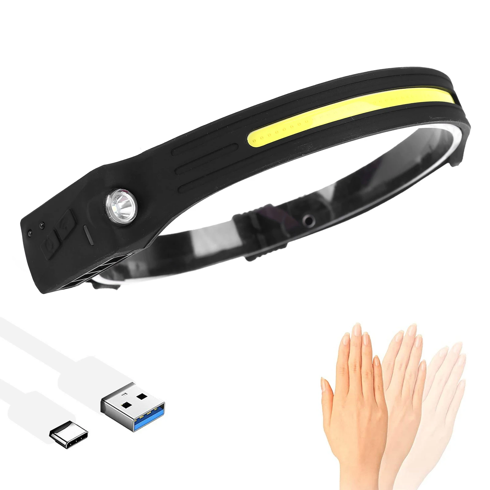 

COB LED Headlamp Sensor Headlight & 270-Degree Viewing Angle Wave Induction Head Lamp Torch Flashlight USB Work Light