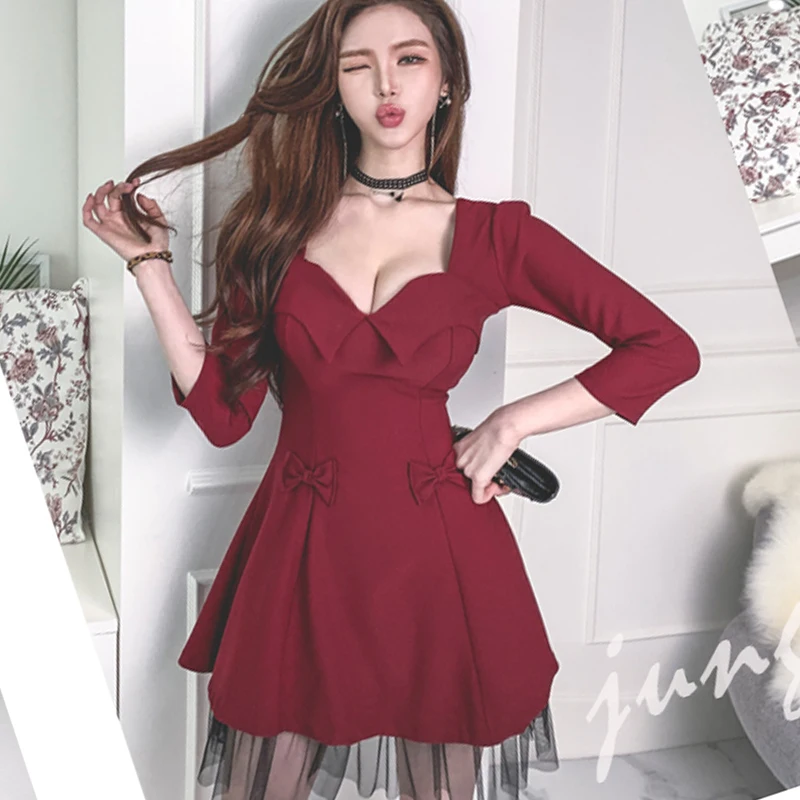 

2021 Spring Women Sexy V-Neck Party Dress 3/4 Sleeve Mesh Patchwork Bodycon Elegant Slim Mini Dress Female Vestidos