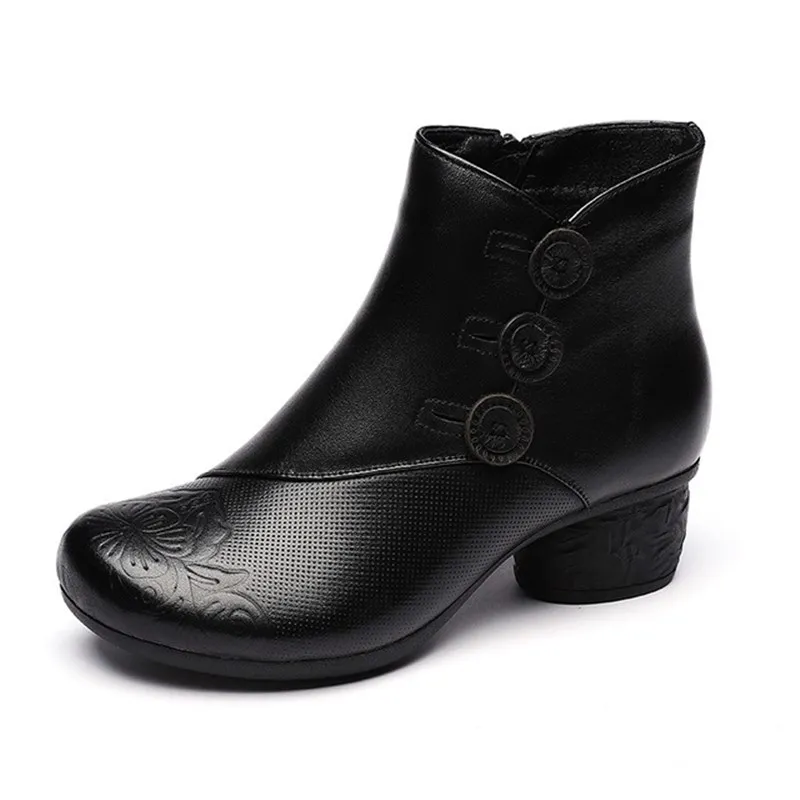 

Women's boots 2019 autumn winter new leather retro plus velvet warm short boot women round head thick heel casual women boot