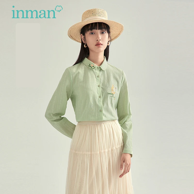 

Женская блузка INMAN, весенне-осенняя, милая, с вышивкой, воротник Питер Пэн, свободная, пасторальная, свежая, с длинным рукавом, хлопковая руба...