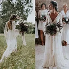 Свадебные платья в богемном стиле, хиппи с V-образным вырезом и длинным рукавом, кружевное пляжное богемное платье с низкой спиной для сада, женское платье большого размера