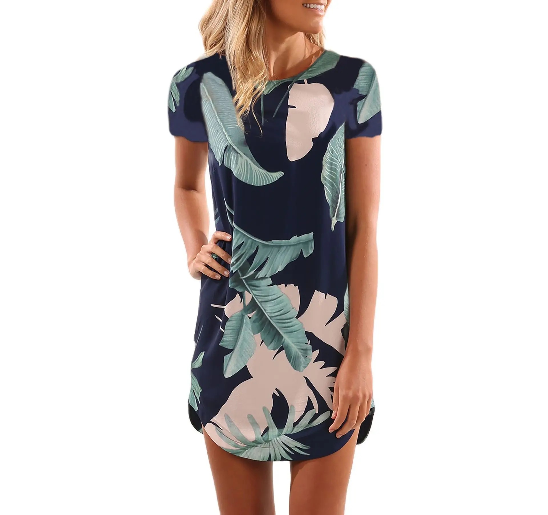 

ZSIIBO's New Leaf Print Round-necked Short-sleeved Loose-fitting Women's Dress For Summer