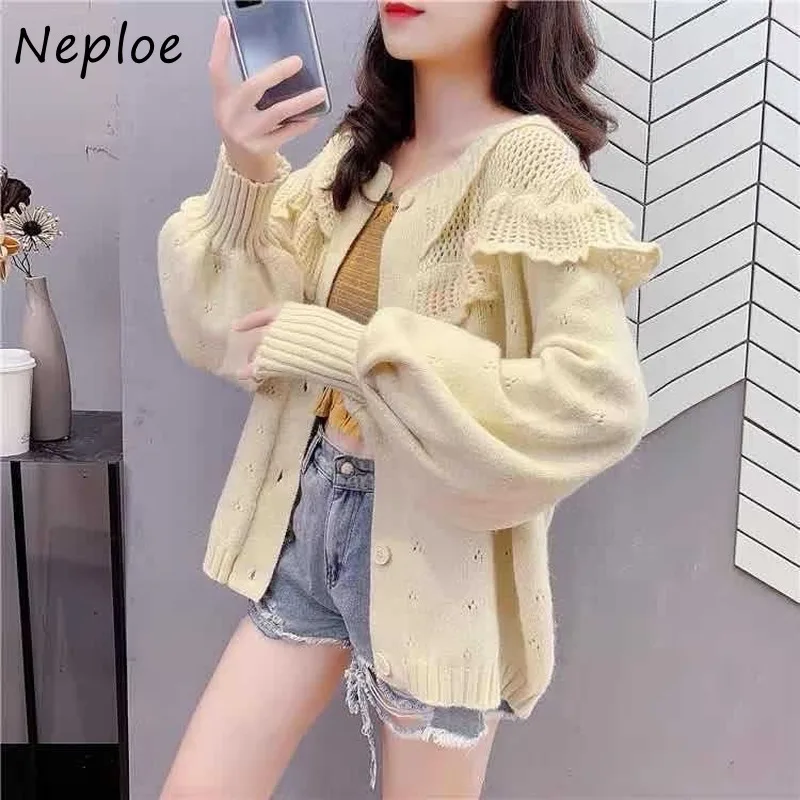 Женский вязаный кардиган Neploe свитер с рукавами-фонариками и круглым вырезом