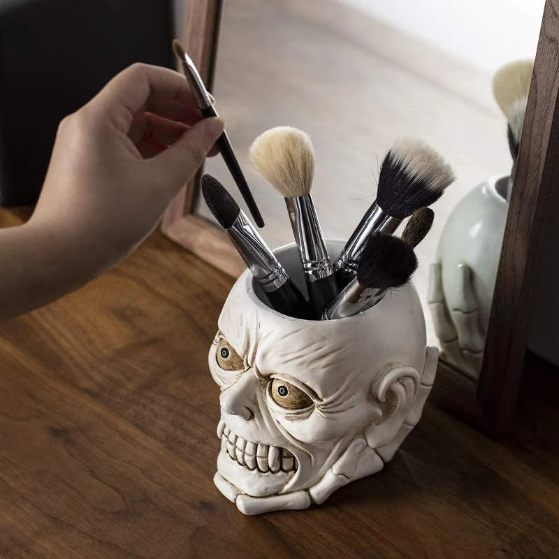 

Head Skull Skeleton Desk Pencil Holder Stand,Pen Cup Makeup Brush Holder Organizer for Home Office School Desktop Decor