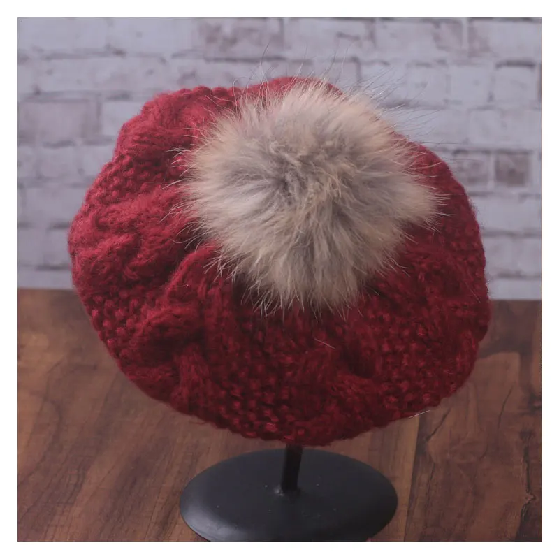 

Осенне-зимний вязаный Французский Берет с лисьими волосами женский однотонный корейский вязаный теплый берет версии уличная одежда шапка ...