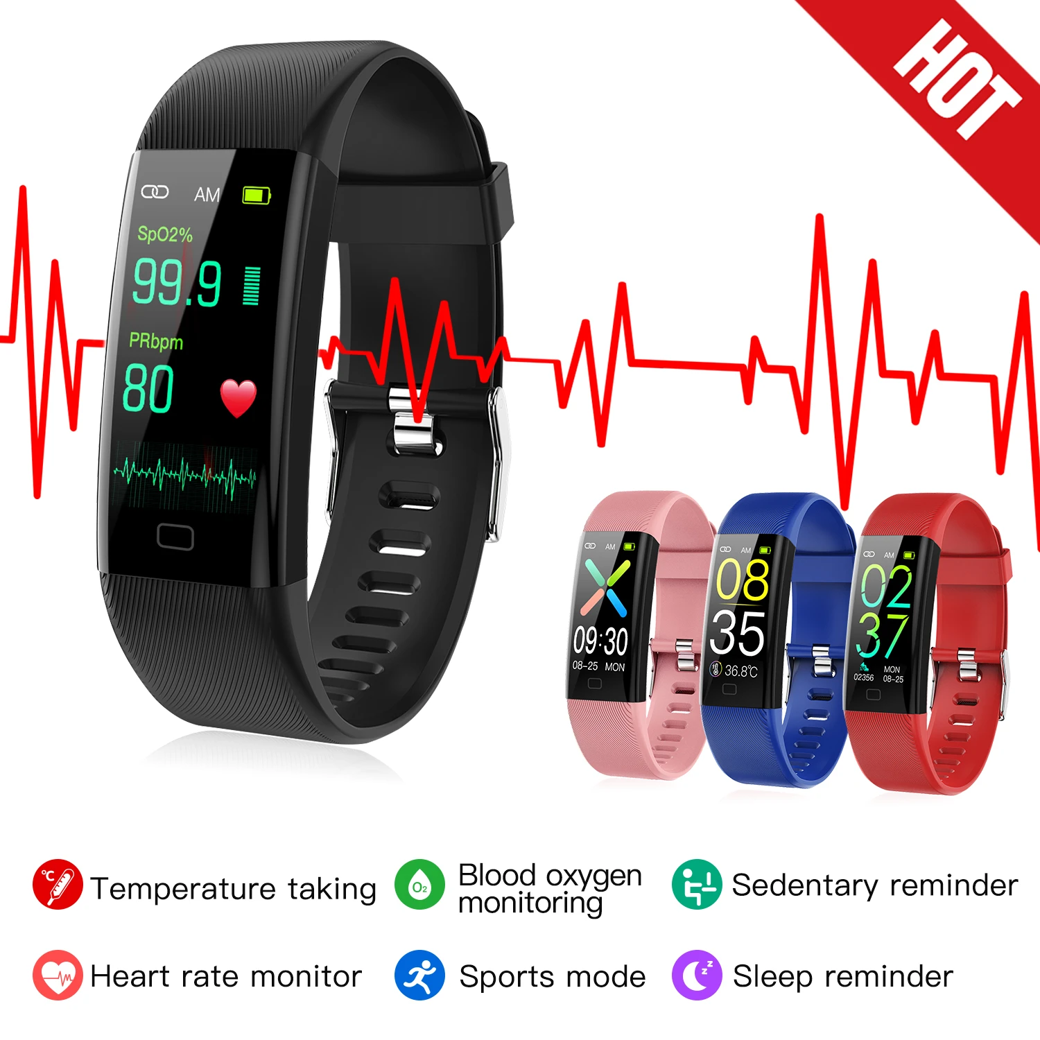 

Smart watch Fitness Trackers Heart Rate Monitor Pulse Oximeter thermometer blood pressure smart bracelet for iPhone Xiaomi